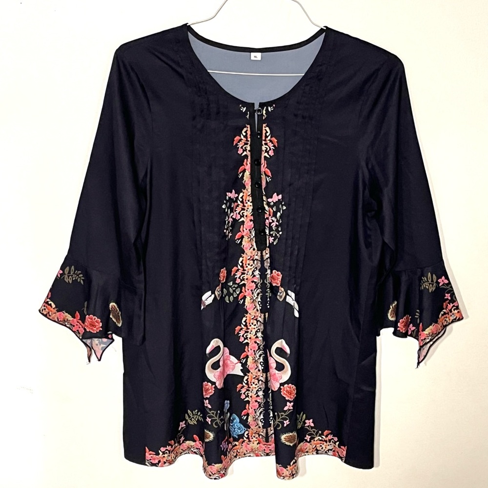 Black Kimono style blouse with multicolored flowers. Size XL. EUC.